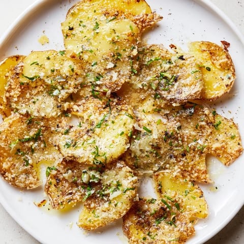 Close-up of garlic-herb Parmesan smashed potatoes, showing fluffy insides and crunchy, golden exteriors.