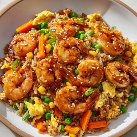 Steaming bowl of shrimp fried rice, garnished with scallions, perfect for a fast weeknight meal.