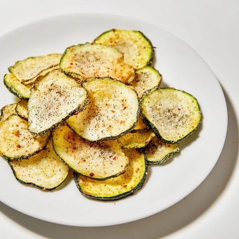 Freshly baked crispy zucchini chips, thinly sliced with visible seasoning, ready to enjoy with a meal.