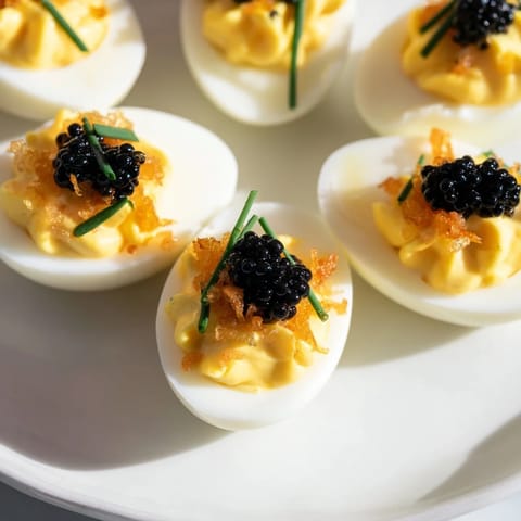Creamy deviled eggs, showcasing a luxurious caviar topping and golden crispy shallots for texture.