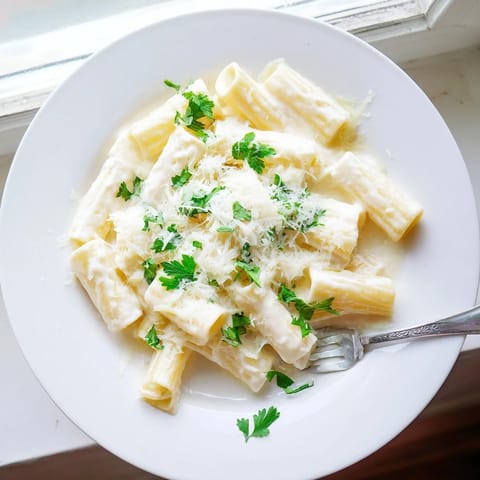 Serving suggestion for Creamy Milk Pasta One-Pot: plated with extra Parmesan and chopped parsley alongside a crisp green salad.