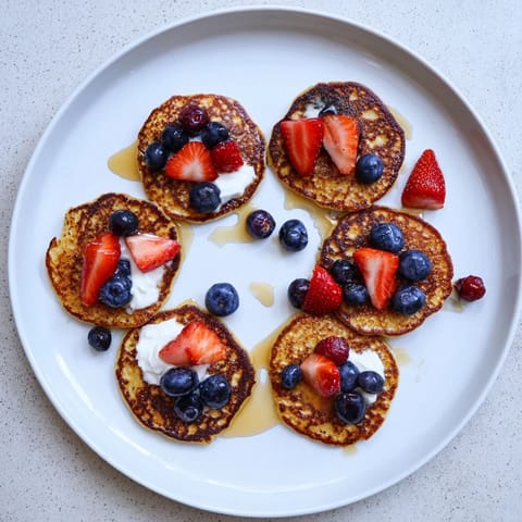 Freshly cooked gluten-free banana pancakes, soft and tender, topped with sliced strawberries and a dollop of yogurt.  