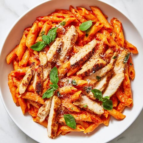 Steaming penne pasta tossed with juicy seared chicken strips in a spicy tomato sauce.  