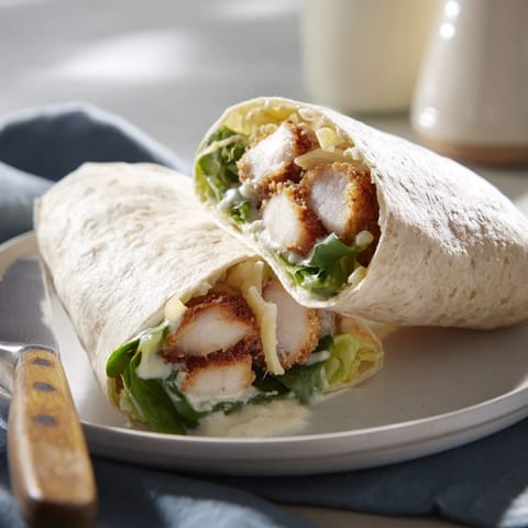 A close-up of Crispy Chicken Caesar Wrap with Parmesan and crispy chicken strips on a white plate.