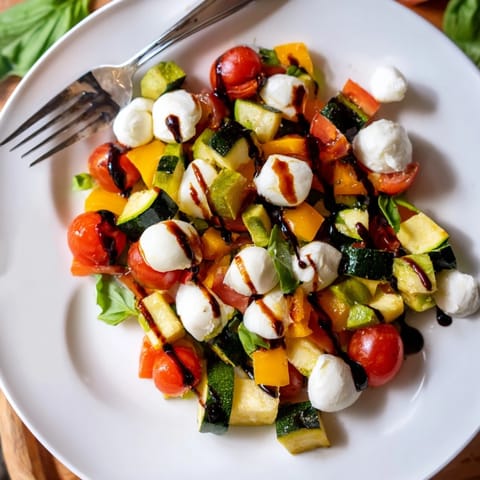 Freshly roasted vegetables and mozzarella pearls in Roasted Veggie Caprese Salad, drizzled with balsamic glaze and served as a warm, colorful side dish.
