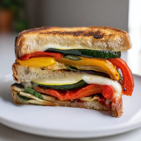 A close-up of the Roasted Veggie Caprese Grilled Cheese reveals bubbling melted mozzarella and charred bread edges beside a drizzle of balsamic glaze.  