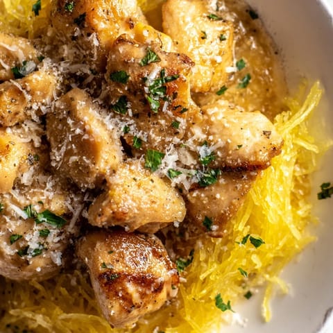 A vibrant plate of lemon garlic chicken spaghetti squash, featuring juicy chicken pieces nestled in golden spaghetti squash noodles with a zesty sauce.  