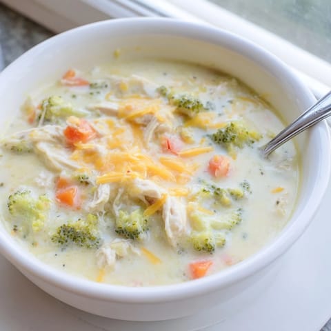 Hearty homemade Chicken Broccoli Cheddar Soup with tender chicken and vibrant green broccoli florets, steaming warmly.  