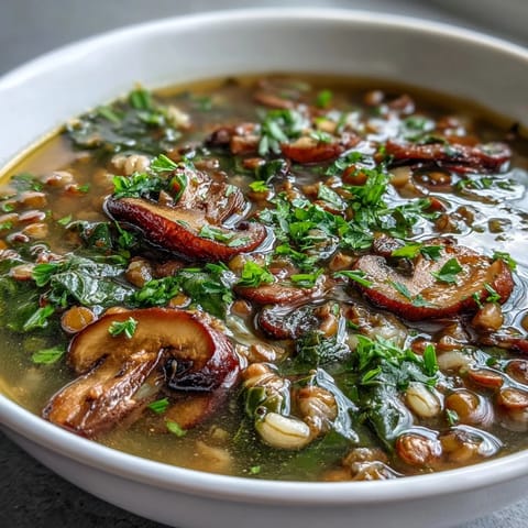 Steaming Double Lentil and Mushroom Barley Soup ladled into rustic bowls.