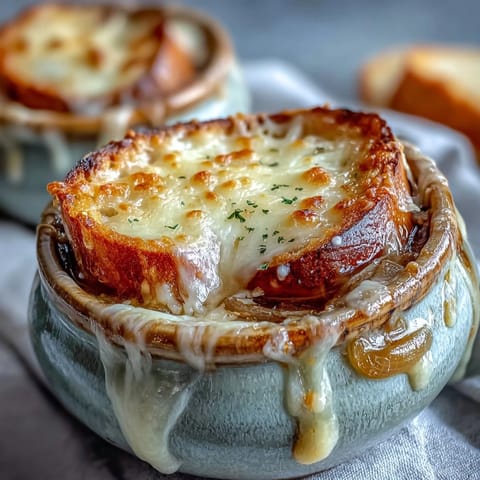 Golden, bubbly Gruyère melts over a toasted baguette slice on top of steaming Classic French Onion Soup.