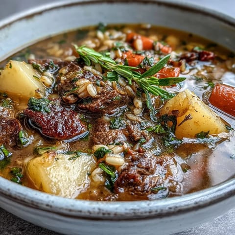 Beef and Barley Soup served hot with crusty bread, perfect for a cold winter evening.