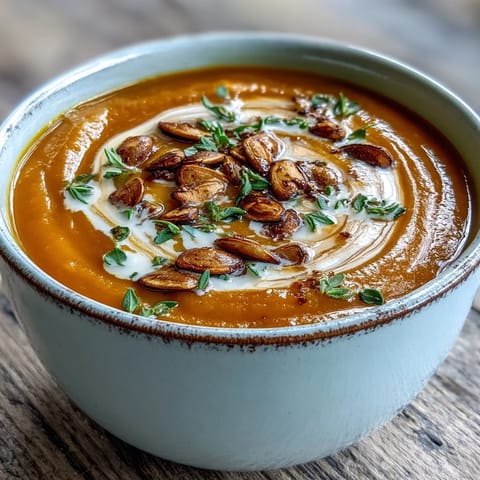 Golden roasted butternut squash soup ladled into a white bowl, garnished with pumpkin seeds and fresh thyme.