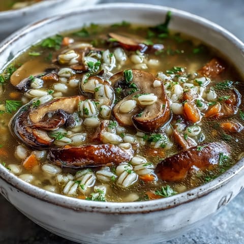 Mushroom Barley Soup simmers in a large pot, revealing tender pearl barley, carrots, celery, and an abundance of sliced mushrooms.