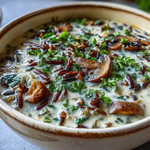 A spoon dips into a hearty bowl of Wild Rice Mushroom Soup, highlighting its creamy texture and tender, nutty wild rice grains.