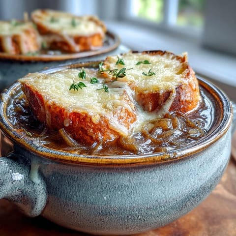 Homemade French Onion Soup bubbling with melted Gruyère in an oven-safe bowl next to sliced baguette.