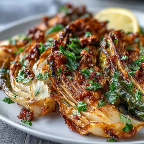 Roasted cabbage wedges for Baked Cabbage Salad With Winter Romesco, golden and caramelized, topped with bold, nutty red pepper sauce.