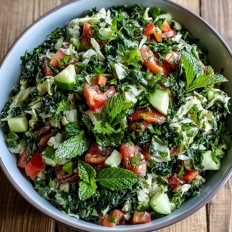 Colorful Lebanese Cabbage Salad plated in a white bowl, garnished with juicy diced tomatoes, cucumber, and fresh herbs.