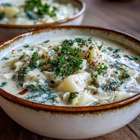 Creamy Potato Soup with Cabbage steaming in a white bowl, garnished with fresh parsley and served alongside crusty bread.