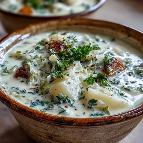 A pot of Creamy Potato Soup with Cabbage, featuring tender russet potatoes, carrots, and a velvety broth.
