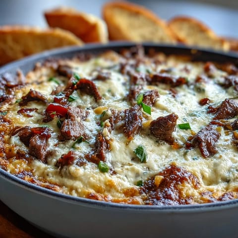 A bubbly, hot Philly Cheesesteak Dip fresh from the oven, loaded with shaved ribeye and peppers.