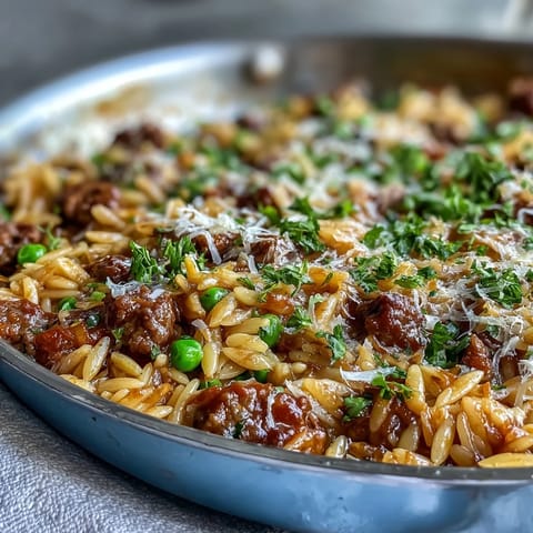 Steaming skillet of Comforting Ground Beef Orzo Dinner with bell peppers, peas, and rich tomato broth.
