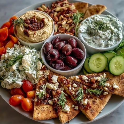 Mediterranean Brunch Board with Dips and Flatbreads served on a rustic platter with bowls of creamy hummus, smoky baba ganoush, and tangy tzatziki.