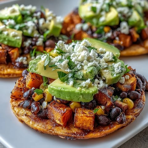 Veggie-packed Black Bean and Sweet Potato Tostadas loaded with corn, cilantro, lime, and crumbled feta cheese.