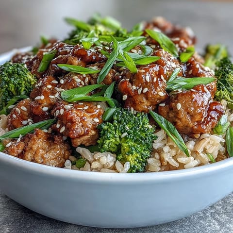 A close-up of Sweet and Spicy Turkey Broccoli Bowls, glistening with sweet-spicy glaze, topped with green onions and sesame seeds.