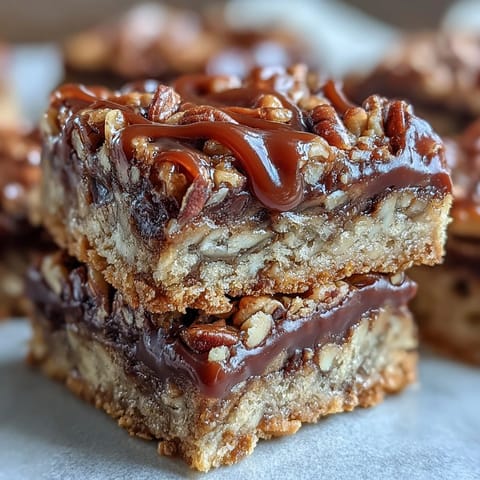 Golden-brown Decadent Sweet and Chewy Turtle Bars with gooey caramel and melted chocolate.