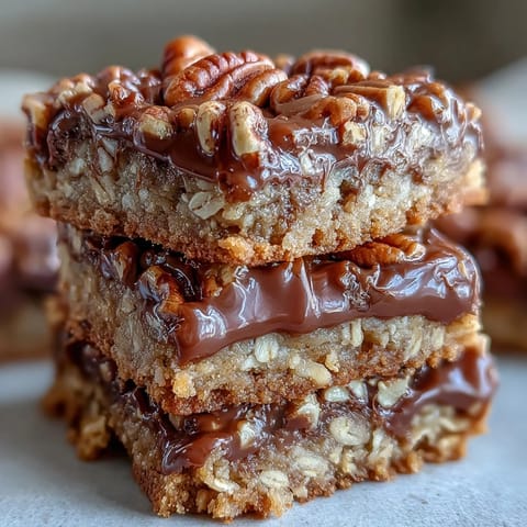 Four Decadent Sweet and Chewy Turtle Bars on a white plate with pecans.