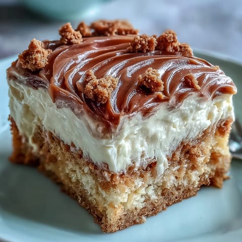 Decadent Baked Biscoff Cake with Creamy Lotus Frosting is shown on a white plate with a slice cut to reveal crumbled cookie chunks.