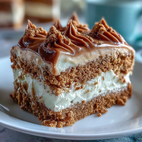 Slice of Decadent Baked Biscoff Cake with Creamy Lotus Frosting, drizzled with extra spread and crumbs, beside a steaming coffee mug.