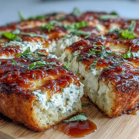 Golden-brown Hot Honey Ricotta Pizza with creamy ricotta and bubbling mozzarella, drizzled with spicy honey and fresh basil.