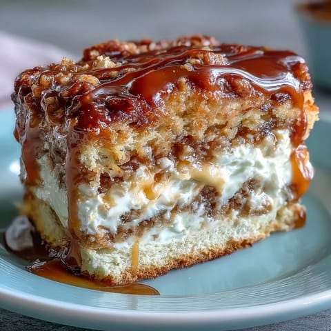 Freshly baked Caramel Cream Cheese Bread shows a golden-brown loaf sliced to reveal a marbled cheesecake-like center.