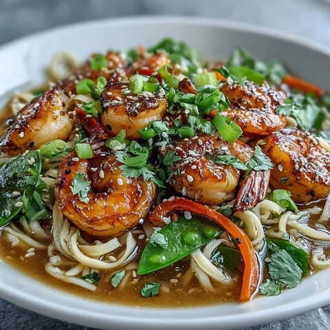 A close-up of an Asian Noodle Bowl with Shrimp and Scallops, featuring tender pink shrimp and golden scallops nestled among silky noodles, crisp snow peas, and vibrant bell peppers, all steaming in a savory broth.  