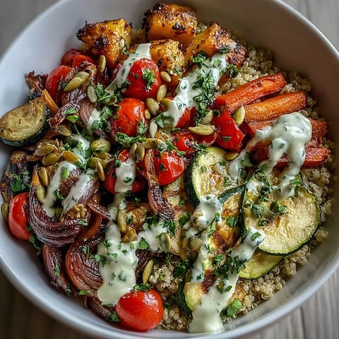 A vibrant Roasted Vegetable Quinoa Bowl featuring golden roasted tomatoes and onions on fluffy quinoa, topped with a drizzle of rich tahini sauce.
