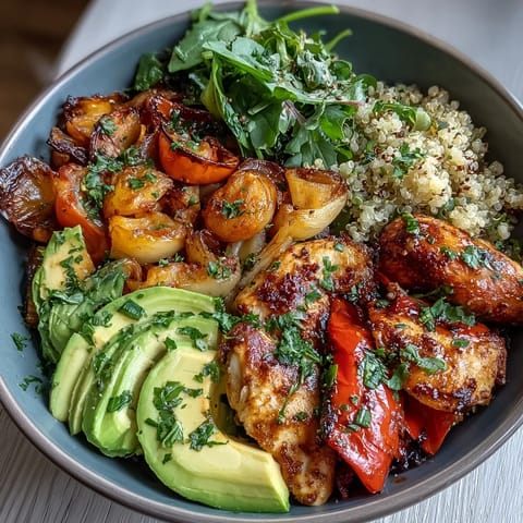 Overhead view of the Paprika Roasted Vegetable Quinoa Bowl with golden chicken, creamy avocado, and a crisp lemon salad side.