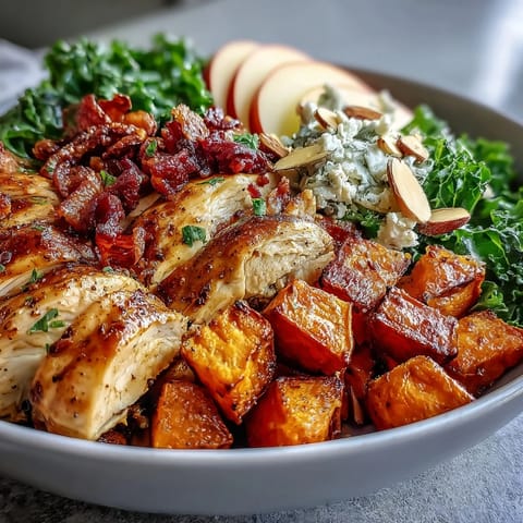 Roasted chicken, caramelized sweet potatoes, and crisp apples top this vibrant Fall Sweet Potato Harvest Bowl with kale and almonds.