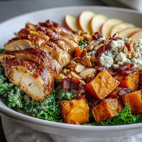 Tangy balsamic vinaigrette drizzles over a nourishing bowl of roasted sweet potatoes, sliced chicken, goat cheese, and apple slices.
