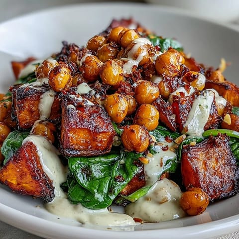 Golden roasted sweet potatoes and crispy chickpeas fill a bowl with garlicky spinach, topped with smoky chipotle tahini dressing for a wholesome vegetarian meal.  
