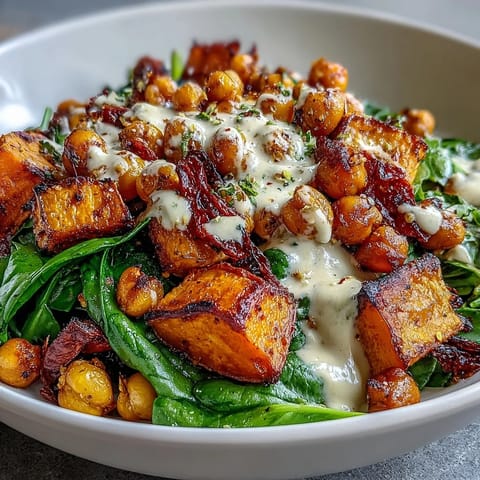 Hearty vegan roasted sweet potato and chickpea bowl garnished with creamy avocado slices, toasted pumpkin seeds, and fresh cilantro for a nutritious weeknight dinner.  