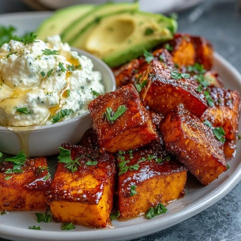 A vibrant bowl of roasted sweet potato cubes, creamy avocado, and cottage cheese drizzled with spicy-sweet hot honey.
