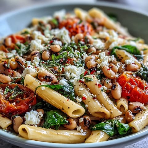 Freshly cooked Black-Eyed Pea Pasta tossed with garlic, cherry tomatoes, and wilted spinach in a rustic skillet.