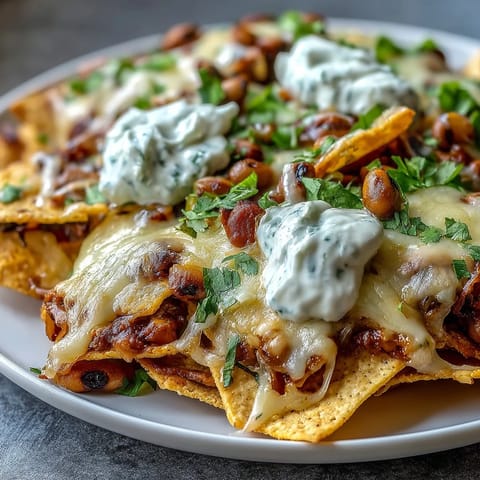 Close-up of hot Black-Eyed Pea Nachos with bubbly cheese, sour cream dollops, lime wedges, and sliced jalapeños for a spicy kick.