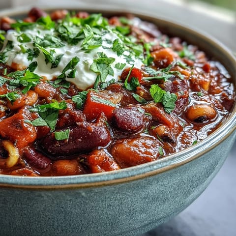 A steaming bowl of Black-Eyed Pea Chili topped with fresh cilantro and sour cream, served alongside warm cornbread for a cozy meal.