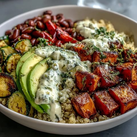 A vibrant Black-Eyed Pea Buddha Bowl with roasted sweet potatoes and red bell peppers on a bed of fluffy quinoa, topped with creamy avocado slices.