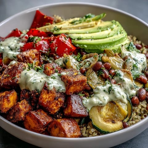 Close-up on a nourishing Black-Eyed Pea Buddha Bowl featuring seasoned black-eyed peas, fresh spinach, and a generous drizzle of tahini dressing over grains.