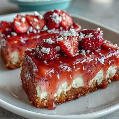 Golden-baked shortbread crust topped with sweet-tart strawberry lemon filling, perfect for spring and summer gatherings.