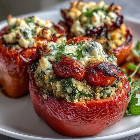 Vibrant stuffed bell peppers with quinoa, herbs, and vegetables, baked until tender and golden.  