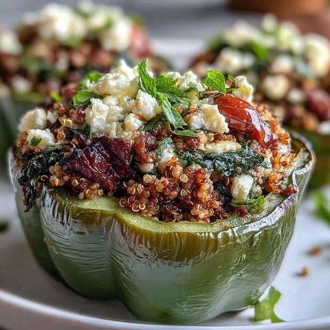 Wholesome bell peppers filled with savory quinoa, fresh herbs, and vegetables, perfect for a healthy dinner.  